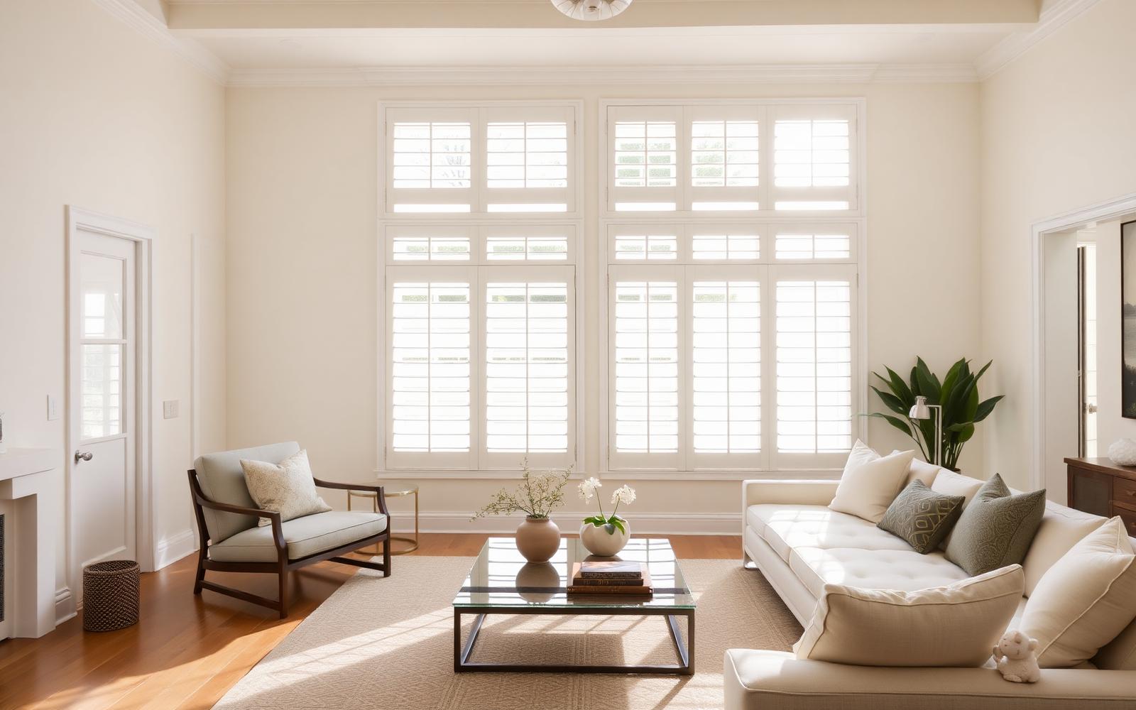 Sunlit living room with custom white plantation shutters in a South Orange County home