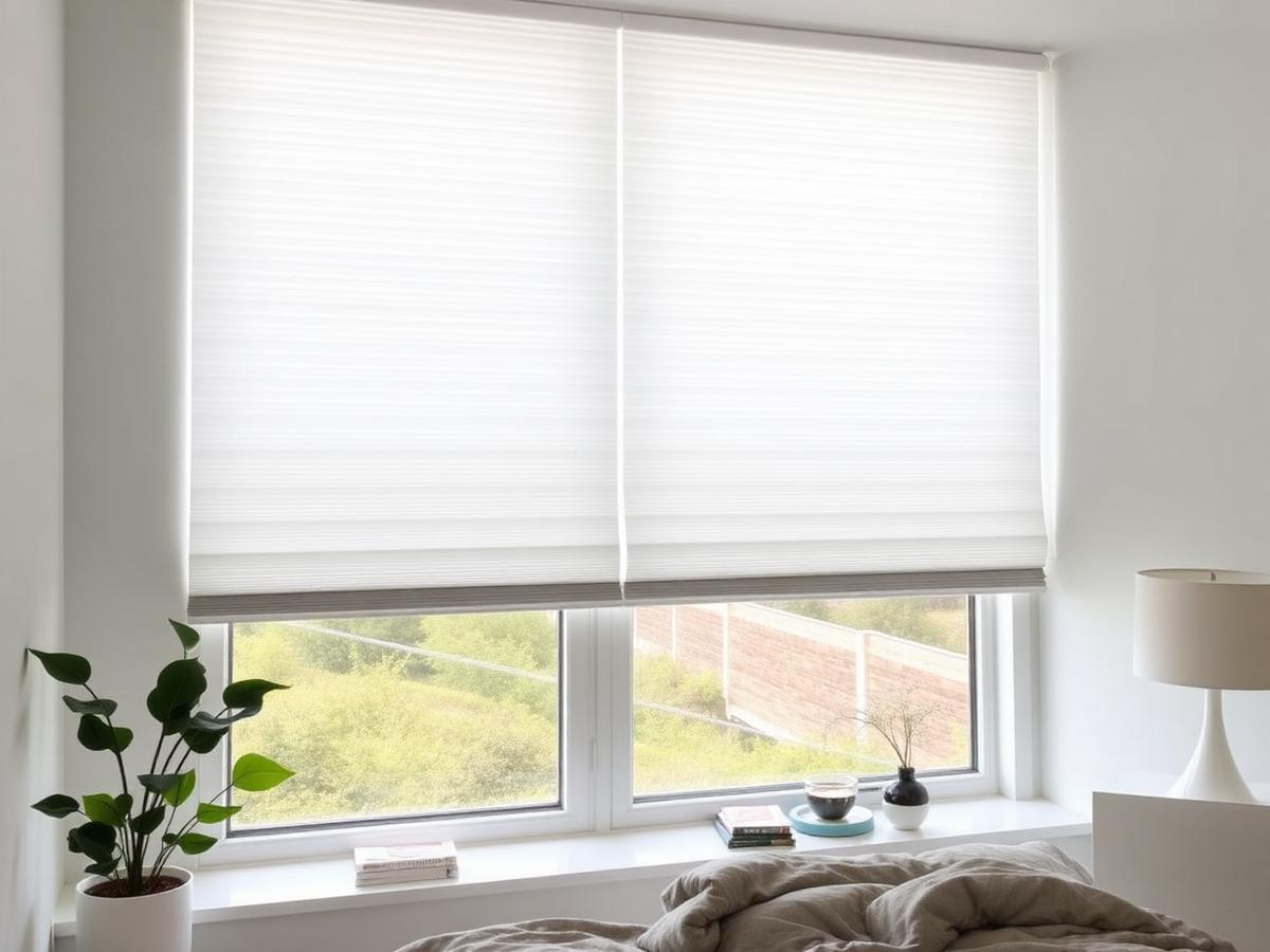 Energy-efficient white honeycomb cellular shades on a sunlit bedroom window
