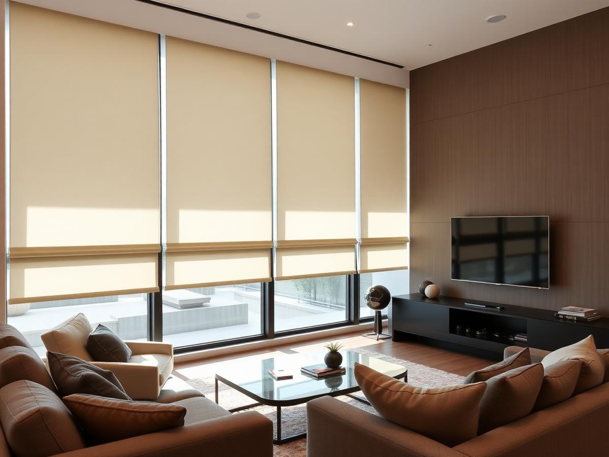 Motorized smart shades lowering on tall living room windows with an ocean view